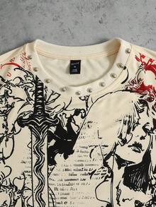 ROMWE MEN Anime Men's Rivet Crafted Printed Short Sleeve T-Shirt - Apricot - View 2