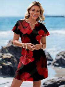 Sylviya 女士V领碎花编织短款休闲连衣裙，适合春夏穿着，波西米亚风女装，时尚休闲连衣裙 - 彩色 - 查看 3