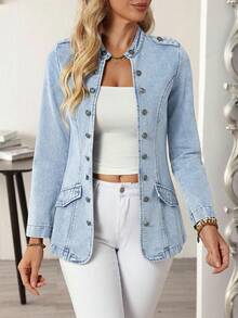EMERY ROSE Áo khoác denim dài tay nữ, cài một hàng cúc, kiểu dáng thường ngày, đa năng. - Màu xanh lam - Xem 4