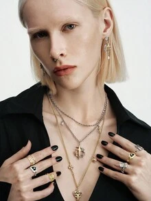 MortiRose Anillo grande de diamante estilo gótico, gótico/gótico/punk/grunge/gótico oscuro, ropa de calle, verano/festival/baile de graduación/fiesta, vintage - Plateado - Ver 3