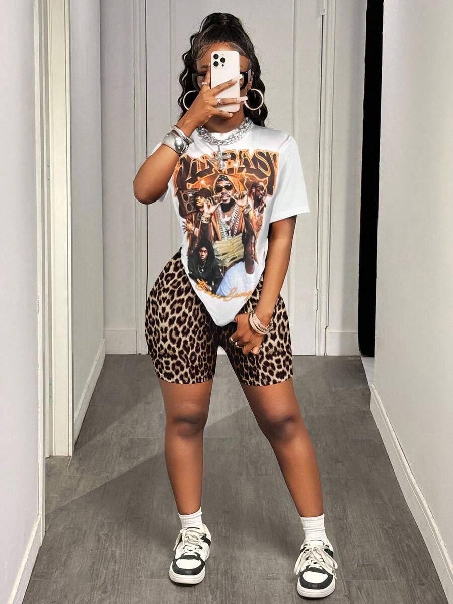 Slaydiva Conjunto de 2 piezas de camiseta suelta blanca con estampado de retrato y pantalones cortos con estampado de leopardo, nuevo estilo casual de verano para mujer. Atuendo para Pascua, bohemio, graduación, festivales, aeropuerto, casual. - Multicolor - Ver 1