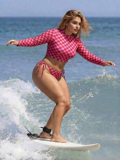 Swim SPRTY Bộ bikini nữ cỡ lớn mới năm 2026, kiểu dáng kẻ caro, cổ tròn, tay dài, kèm quần tam giác buộc dây bên hông, thích hợp cho kỳ nghỉ biển.