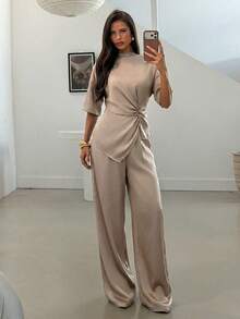 Aloruh 女士新款纯色棕色套装，两件套，巧克力色高领无袖扭结上衣搭配阔腿裤 - 卡其色 - 查看 7