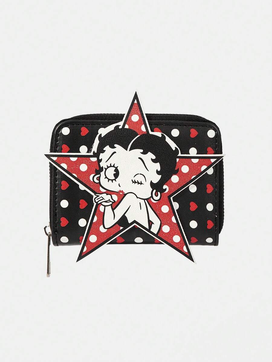 Betty Boop x SHEIN 复古贝蒂娃娃五芒星布质短钱包 - 黑色B - 查看 1