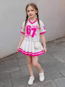 Emery Rose Kids 儿童67数字字母印花T恤和裙子两件套 - 可爱的67岁生日派对服装，男女童短袖圆领上衣和裙子，休闲日常时尚街头服饰 - 玫紅色 - 查看 4