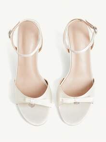 CUCCOO CHICEST Women Shoes Pink Satin Satin Bow Heart Buckle Decoration Word, Ankle Strap Fashion Elegance Temperament Spring And Summer Wedding Round Toe High Heel Sandals - Beige satin - View 2