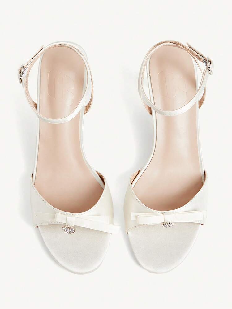 CUCCOO CHICEST Women Shoes Pink Satin Satin Bow Heart Buckle Decoration Word, Ankle Strap Fashion Elegance Temperament Spring And Summer Wedding Round Toe High Heel Sandals