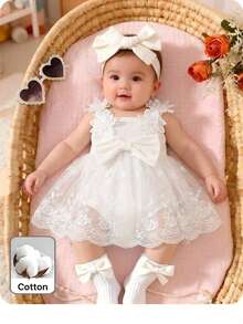 SHEIN Babygirl Elegant & Cute Casual White Knit Patchwork Floral Embroidery Mesh Romper - White - View 3