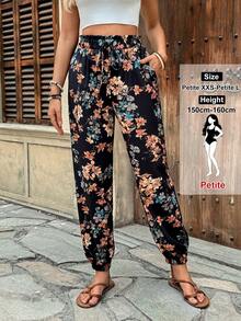 SHEIN PETITE Quần nữ ống côn, cạp chun, in họa tiết cây nhiệt đới, có túi, thích hợp cho mùa hè. - màu đen - Xem 1