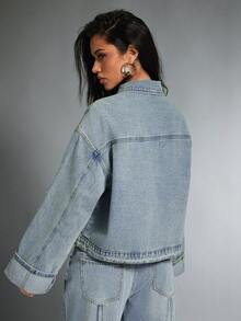 Denimoi Chaqueta vaquera con botones delanteros y cuello, de talla grande y puños, para otoño e invierno, estilo denim sobre denim - Lavado ligero - Ver 3