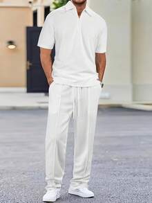 Manfinity Homme 2 piezas Conjunto casual de hombre de tejido de gofre: Camisa de cuello con cremallera de manga corta y pantalones con cordón - Negro, mezcla de poliéster, adecuado para uso casual en primavera/verano - Blanco - Ver 1
