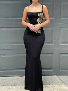 Rafferiza 黑色性感贴花细肩带针织修身紧身长裙，夏季女装 - 黑色 - 查看 5