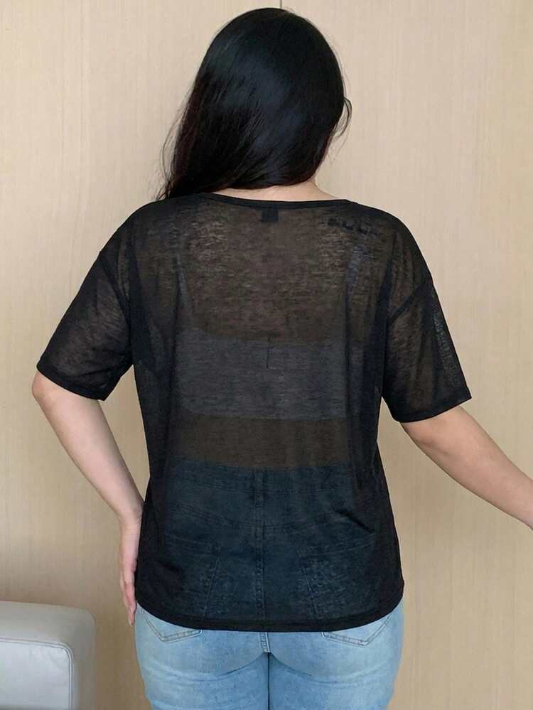 Dazy Plus Solid Color Scoop Neck Half-Open Collar Long Sleeve T-Shirt, Spring/Summer