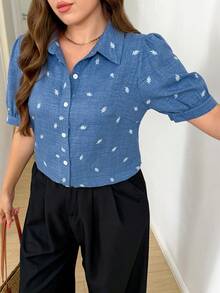 SHEIN LUNE 大码女式休闲单排扣全印花衬衫，日常百搭 - 藍白色 - 查看 7