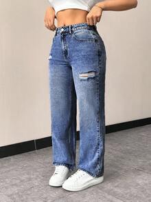 Flexra Plus Size Women's Fashion Versatile Washed Distressed Denim Jeans - Medium Wash - View 5