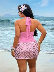 Rustia Plus Size Women's Spaghetti Strap Metal Starfish Decor Faux 3D Floral Accent Crop Top, Retro French Chic Spicy Sweet Contrast Color Shiny Backless Summer Beach Travel Vacation Spaghetti Strap Sleeveless Blouse - Pink - View 2