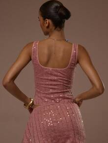 MUSERA Áo dệt kim ôm sát cổ tròn đính sequin, gợi cảm, dễ thương, thích hợp cho mùa hè, kỳ nghỉ, đi chơi, phong cách Ibiza, thanh lịch, hoàng hôn, có dây buộc. - Bụi hồng - Xem 4