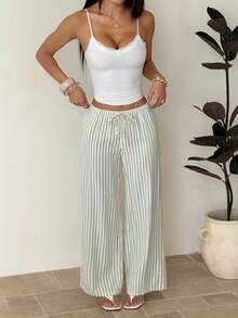 SHEIN PETITE Quần dài nữ mùa hè kẻ sọc màu vàng nhạt có dây rút ở eo - Màu vàng - Xem 7