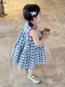 Dazy Kids Toddler Girls Plaid Round Neck Casual Woven Mid-Length Sleeveless Dress - Blue - View 1