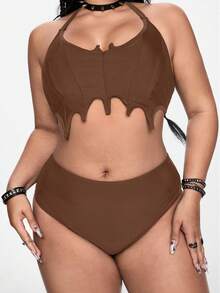 ROMWE Goth Conjunto de bikini de talla grande para mujer con diseño de murciélago gótico, tirantes ajustables, unicolor, espalda descubierta y nudo delantero, para el verano - Marrón - Ver 2