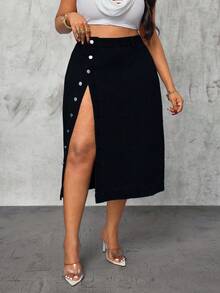 Slaydiva Plus Size Women's Cowgirl High Slit Sexy Denim Skirt, Fall For Women - Black - View 3