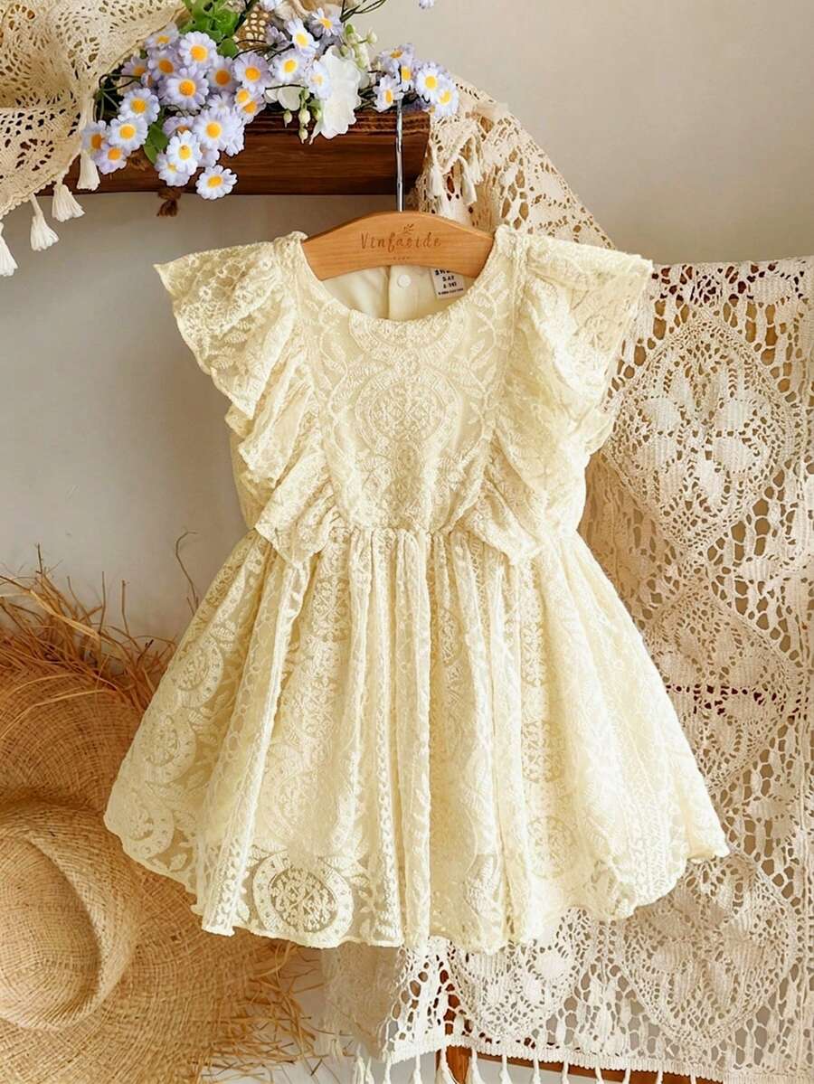 SHEIN Vintaside Kids 女婴梦幻网纱无袖连衣裙,杏色,简约风格,适合节日、优雅外出和舒适居家场合,春夏款 - 黃色 - 查看 1