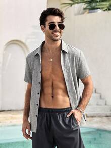 Mercer Haus Men's Linen Striped Short-Sleeved Shirt For Daily Commute In Summer , Suitable For Summer Tropical Holiday Vacation In Hawaii. - Grey - View 1