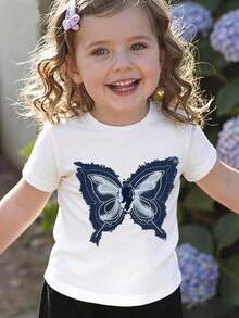 Baby Girls' White T-Shirt,Casual Short Sleeve Cartoon Butterfly Print Tee,Comfortable Summer Vacation Top,Basic Everyday Wear For Spring And Autumn - White - View 3