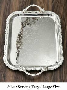 Embossed Metal Tray, Decorative Vintage Style Rectangular Tray With Handle, Suitable For Holiday Party Decor, Serving Tray, Family Gathering Blessing Ceremony, Cosmetics & Jewelry Storage, Available In 3 Sizes - Multicolor - View 13