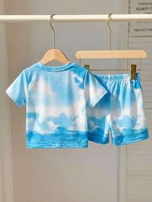 男婴休闲椰树印花短袖T恤短裤套装，适合夏季穿着 - 白色 - 查看 2