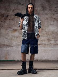 Skyrend Camisa de playa floral para hombre, graffiti vintage minimalista negro casual de verano XS-XXL - Negro - Ver 3