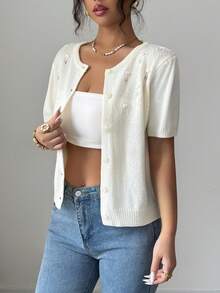 Selianne Nuevo suéter de punto de manga corta con cuello redondo, ajustado, de unicolor, con patrón floral, versátil para uso diario y elegante, para primavera/verano de mujer - Beis - Ver 5