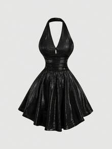 SHEIN MOD 女士V领修身金色紧身连衣裙 - 黑色 - 查看 4