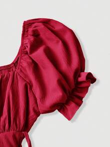 SHEIN MOD Vestido amarillo de longitud media con mangas de pétalos y cintura con lazo - Rojo - Ver 6