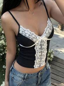 Livesso Áo tank top nữ mùa xuân hè, phối ren rỗng, nơ phía trước, phối màu tương phản, thích hợp cho lễ hội âm nhạc, ngày Valentine, đám cưới, mặc thường ngày, đi biển, ôm sát và gợi cảm. - màu đen - Xem 5
