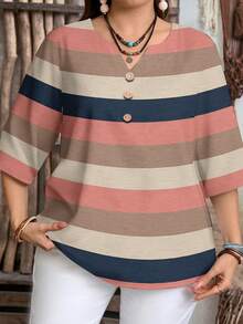 EMERY ROSE Blusa casual de mujer con cuello con muesca y mangas 3/4 con estampado de rayas - Multicolor - Ver 5