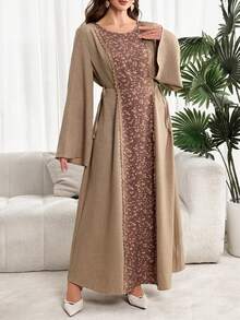Al Najma Plus Size Women's Spring/Autumn Patchwork Ditsy Floral Flare Sleeve Lace Tie Dress - Multicolor - View 4