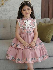 SHEIN Young Girl Ditsy Floral Contrast Color Bow Sleeveless Casual Dress, Young Girls - Pink - View 4