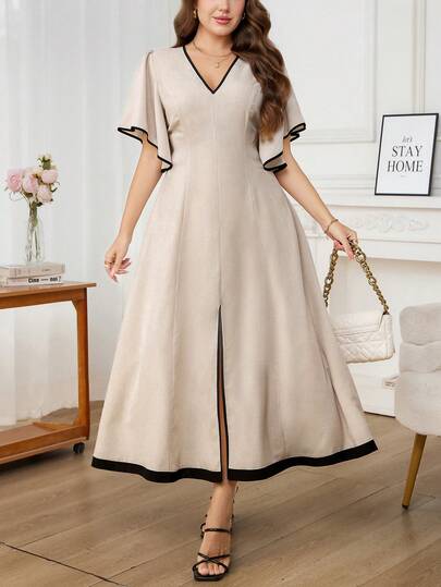 SHEIN Clasi Đầm maxi dáng chữ A xẻ tà tay phồng phối màu tương phản, thanh lịch kiểu Pháp dành cho nữ, thích hợp cho kỳ nghỉ hè.