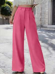 SHEIN LUNE 优雅女士纯色休闲多功能阔腿裤，女士夏季裤装，女士办公着装，女士节日装扮。女士纯色褶皱阔腿宽松裤，粉色长裤，女士粉色阔腿裤，女士粉色长裤，女士长裤 - 粉色 - 查看 3