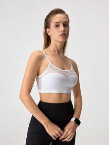 EMUPER 女士白色网纱拼接可调节肩带性感露脐文胸上衣 - 白色 - 查看 6