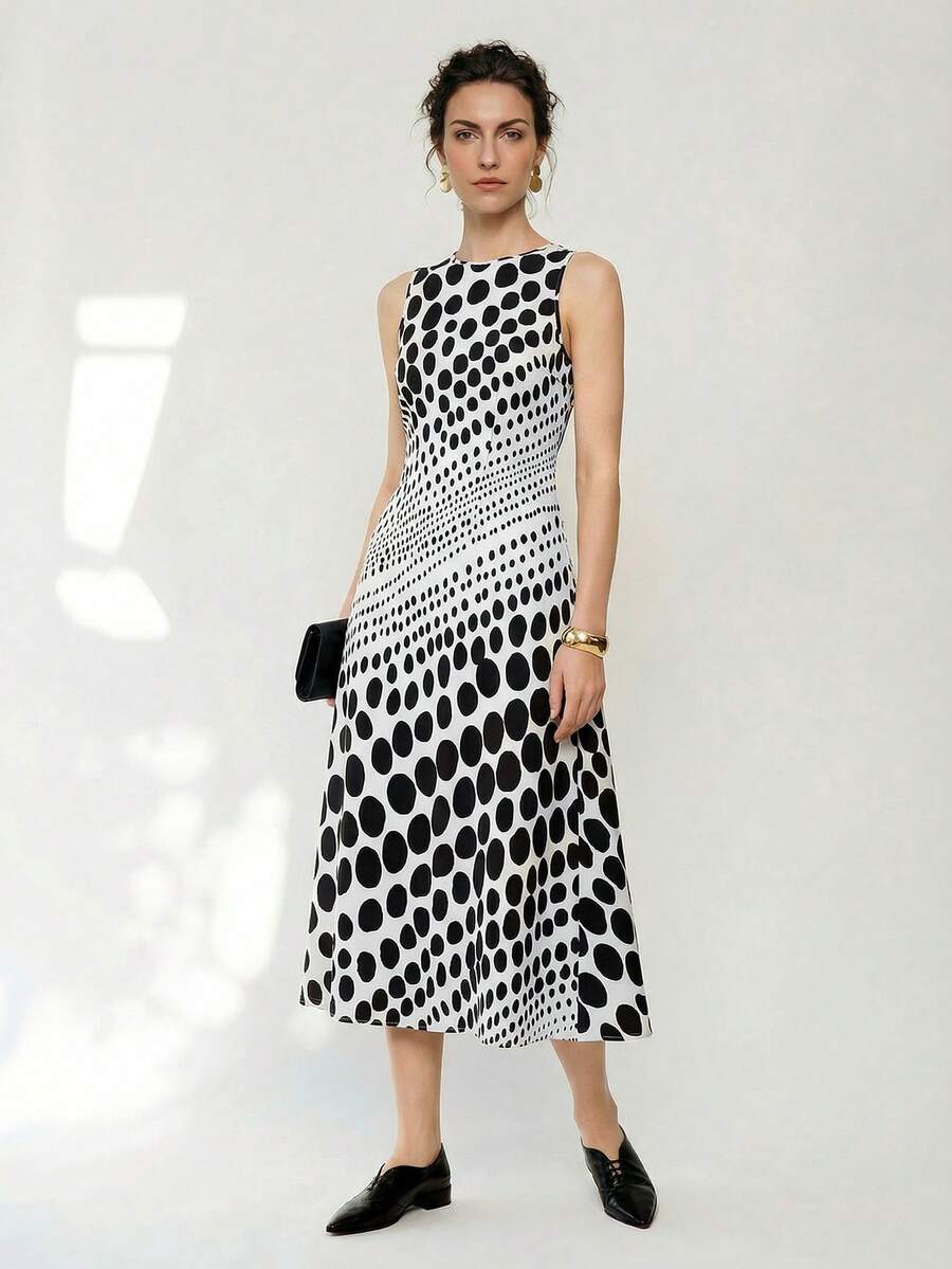 Uhlyne Uhlyne Vestido sin espalda elegante de mujer con estampado de lunares y efecto degradado, nuevo estilo de verano - Blanco y Negro - Ver 1