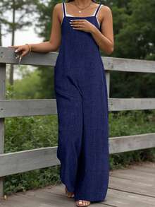 EMERY ROSE Mono informal de cuello cuadrado con efecto de textura de mezclilla, talla grande - Azul Marino - Ver 6