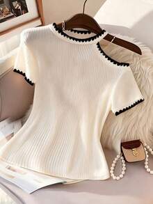 Franclia Women's Contrast Trim Round Neck Hollow Out Casual Short Sleeve T-Shirt - Apricot - View 2