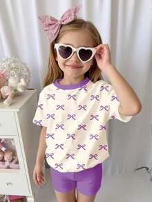 SHEIN Leap Crew 2pcs/Set Young Girl Casual Minimalist Short Sleeve Shorts Set, Suitable For Summer - White - View 5