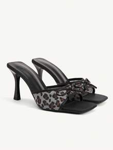 CUCCOO CHICEST Giày nữ mũi vuông gót mảnh gợi cảm thời trang lộng lẫy kiểu slip-on thắt nơ váy dự tiệc hộp đêm giày cao gót hở mũi dép lê nữ - màu đen - Xem 1