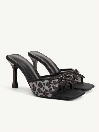 CUCCOO CHICEST Giày nữ mũi vuông gót mảnh gợi cảm thời trang lộng lẫy kiểu slip-on thắt nơ váy dự tiệc hộp đêm giày cao gót hở mũi dép lê nữ