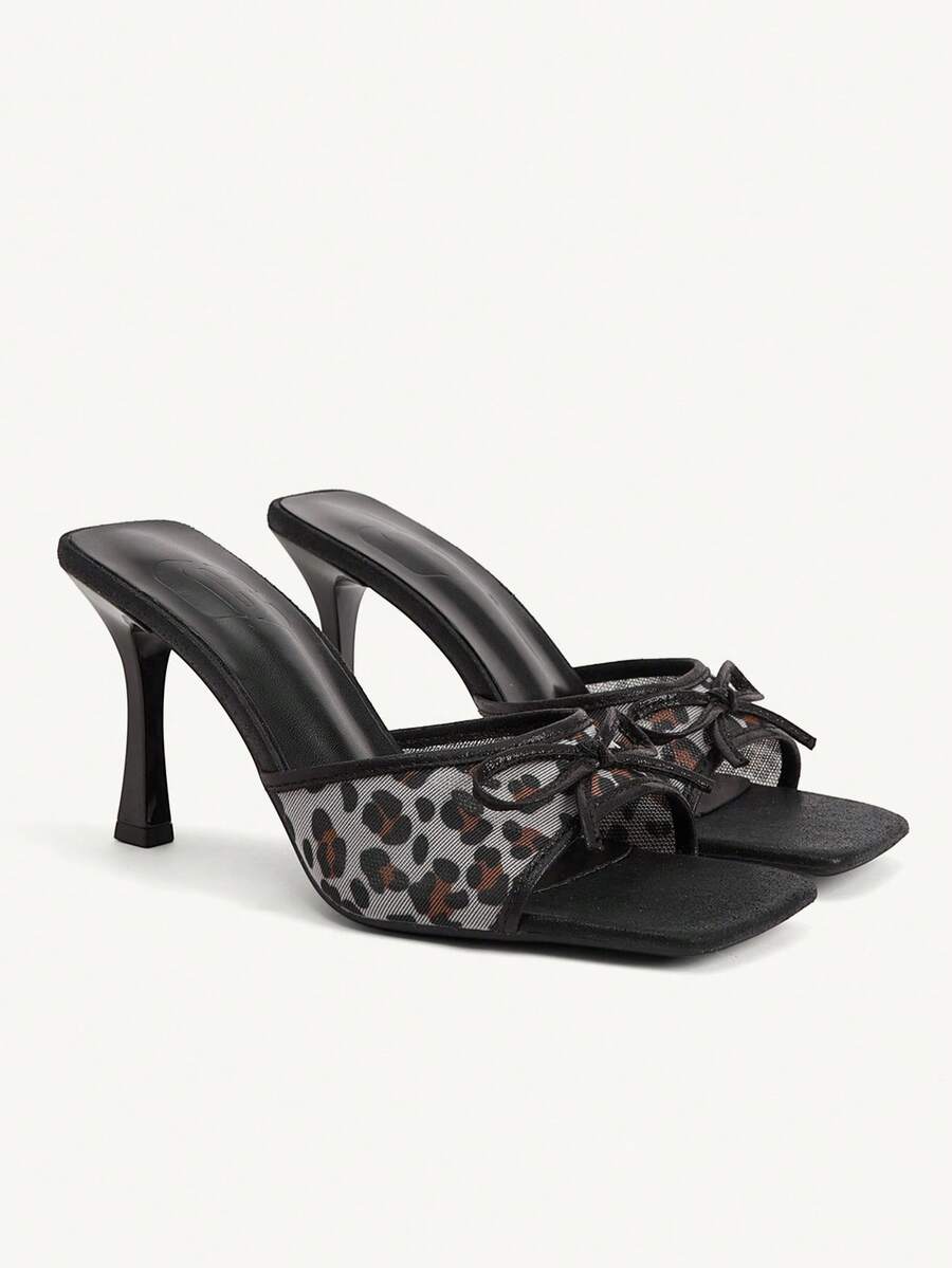 CUCCOO CHICEST Giày nữ mũi vuông gót mảnh gợi cảm thời trang lộng lẫy kiểu slip-on thắt nơ váy dự tiệc hộp đêm giày cao gót hở mũi dép lê nữ - màu đen - Xem 1