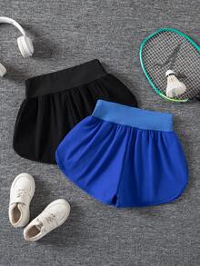 SHEIN 2 chiếc quần short cạp cao dáng rộng thoải mái đa năng dành cho bé gái tuổi teen, thích hợp cho chạy bộ, thể thao và các hoạt động ngoài trời mùa hè. - Nhiều màu - Xem 2