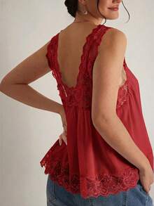 Freevana Plus Size Romantic & Elegant Early Spring New Lace Patchwork Women Camisole - Red - View 2